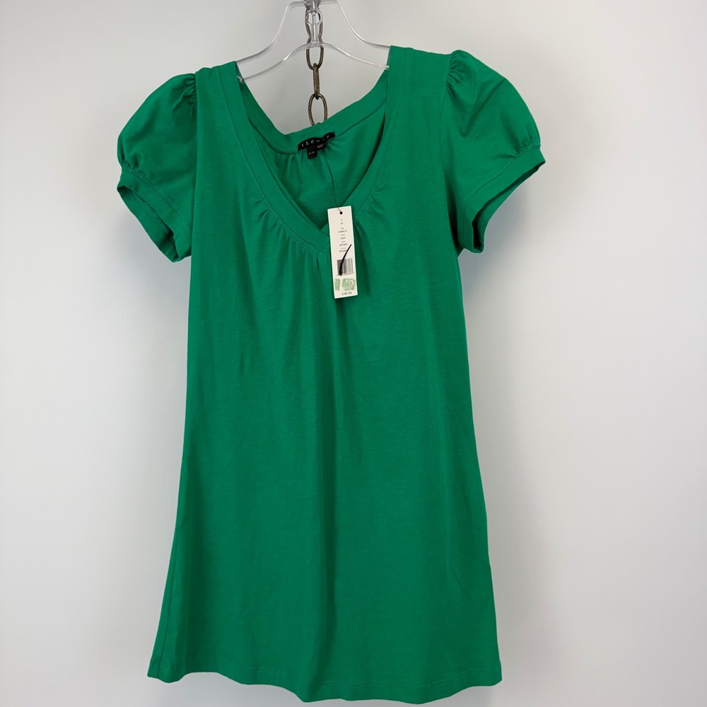 Theory Camelia Top Women's Petite P Green Myrrh Puff Sleeve NWT